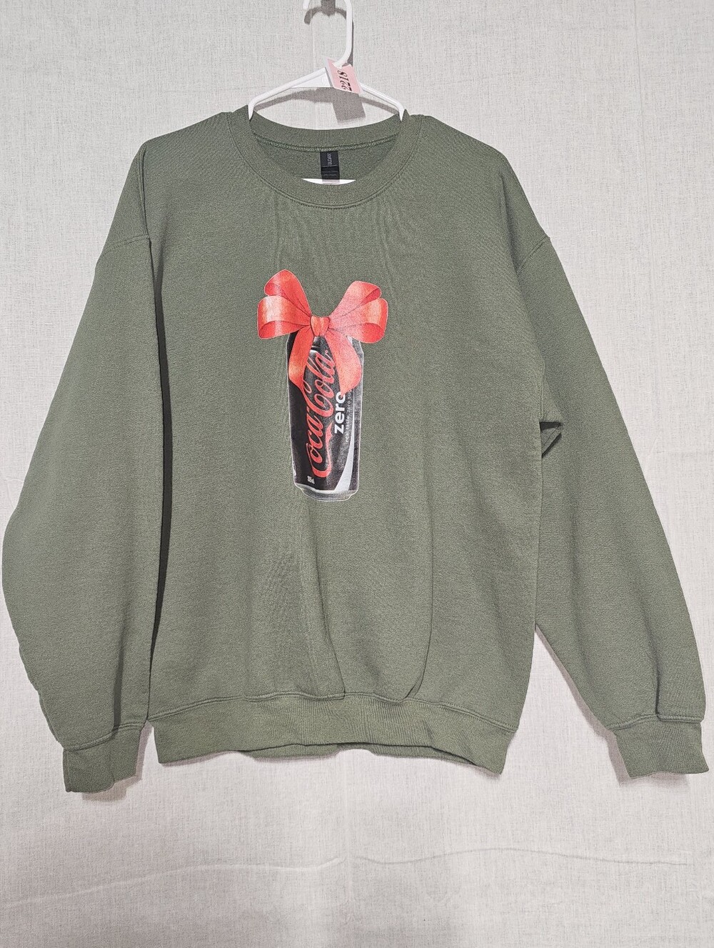 Coca Cola Olive Green Crewneck Sweatshirt with Red Can Graphic
